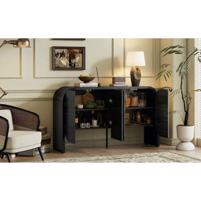 Black Buffet Cabinet With Adjustable Shelves And 4 Doors, For Kitchen Living Space 4-Door Retro In Black, Storage