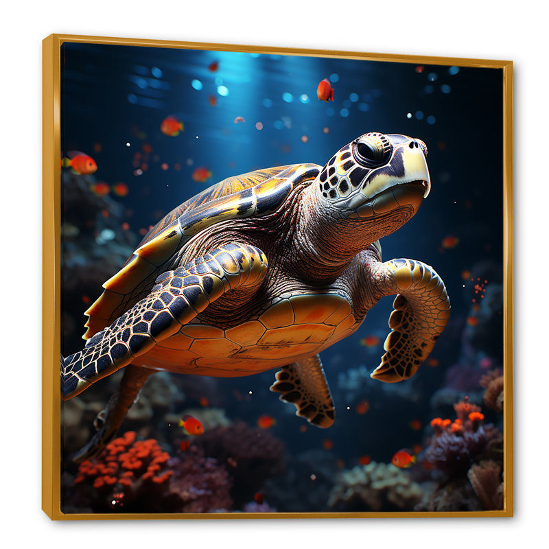 Cosmic Art Style Doting A Turtle - Tortue, décoration murale animal, Cadre flottant doré, H 16 po x l 16 po x P 1 po