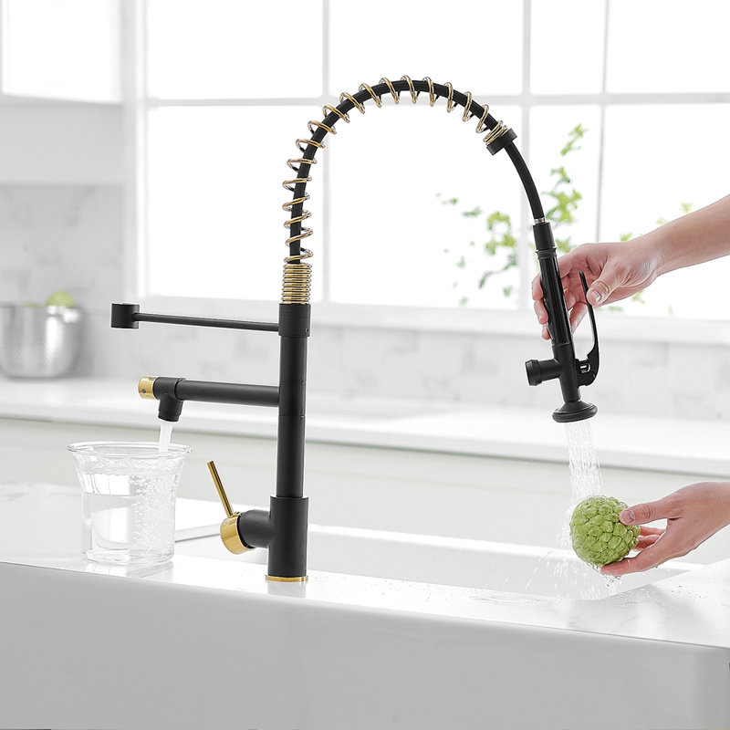 Commercial Kitchen Faucet With Pull Down Sprayer, Single Handle Single Lever Kitchen Sink Faucet, Black+Gold