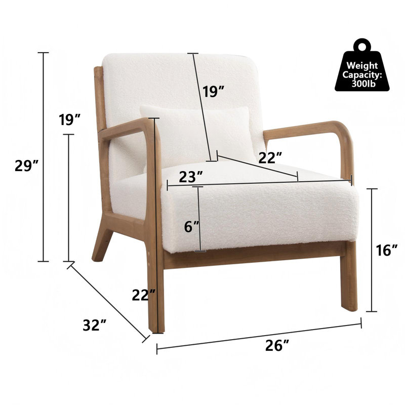 Chaise d'appoint rembourrée en bois massif de 26 po de largeur Mid-Century avec coussin