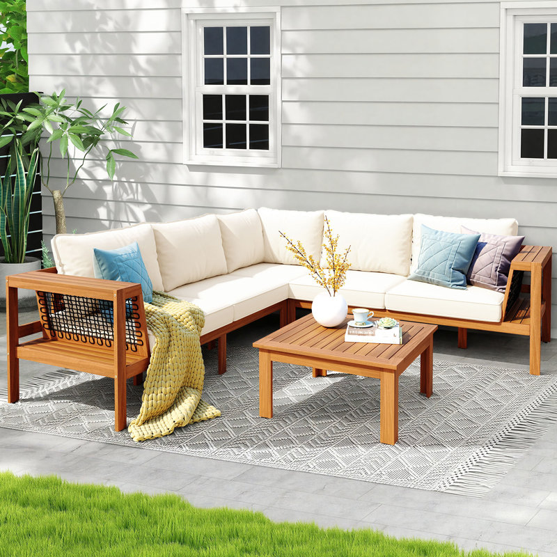 Ensemble de conversation modulaire en bois d'acacia avec 4 coussins, Beige