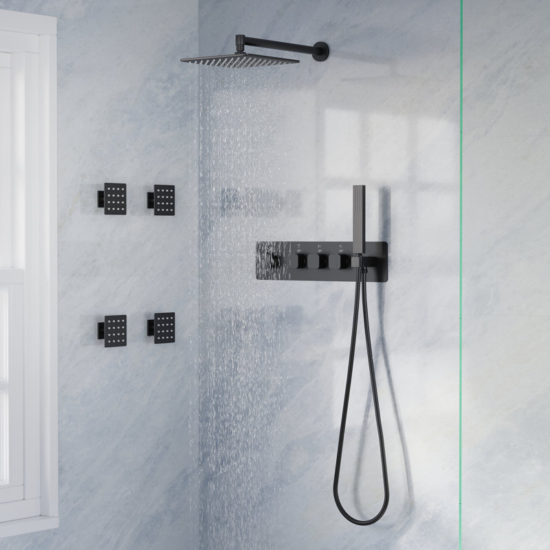 Système de douche thermostatique avec pomme de douche carrée ultra-mince de 10 po, jets de corps et douche à main, Noir mat