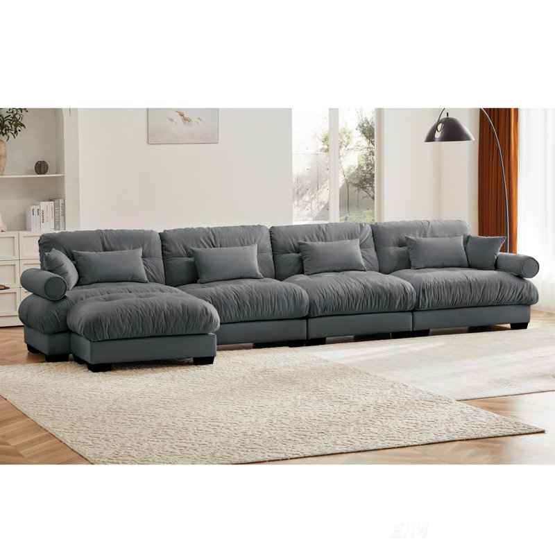 Canapé modulaire en L en forme de L, canapé-lit modulaire convertible à 4 places pour le salon, canapé d'angle rembourré en velours moderne avec coussins de taille, coussins décoratifs et accoudoirs renforcés, gris