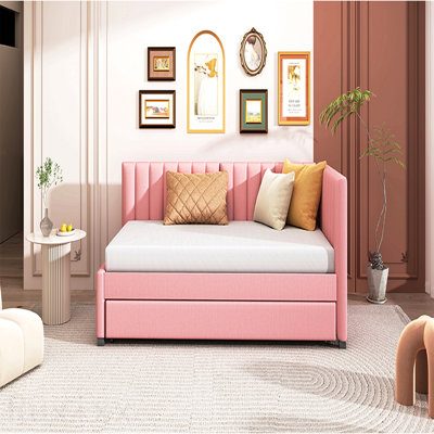 Upholstered Daybed With Trundle Twin Size Sofa Bed Frame No Box Spring Needed, Linen Fabric(Pink)