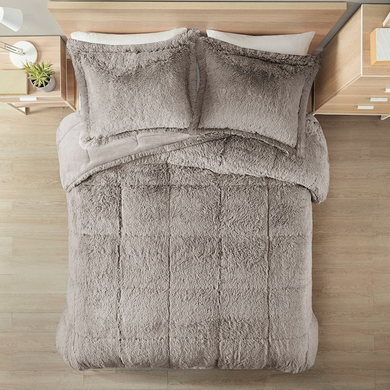 Très grand / très grand édredon à poils longs - gris, rembourré, doux et 2 taies décoratives incluses