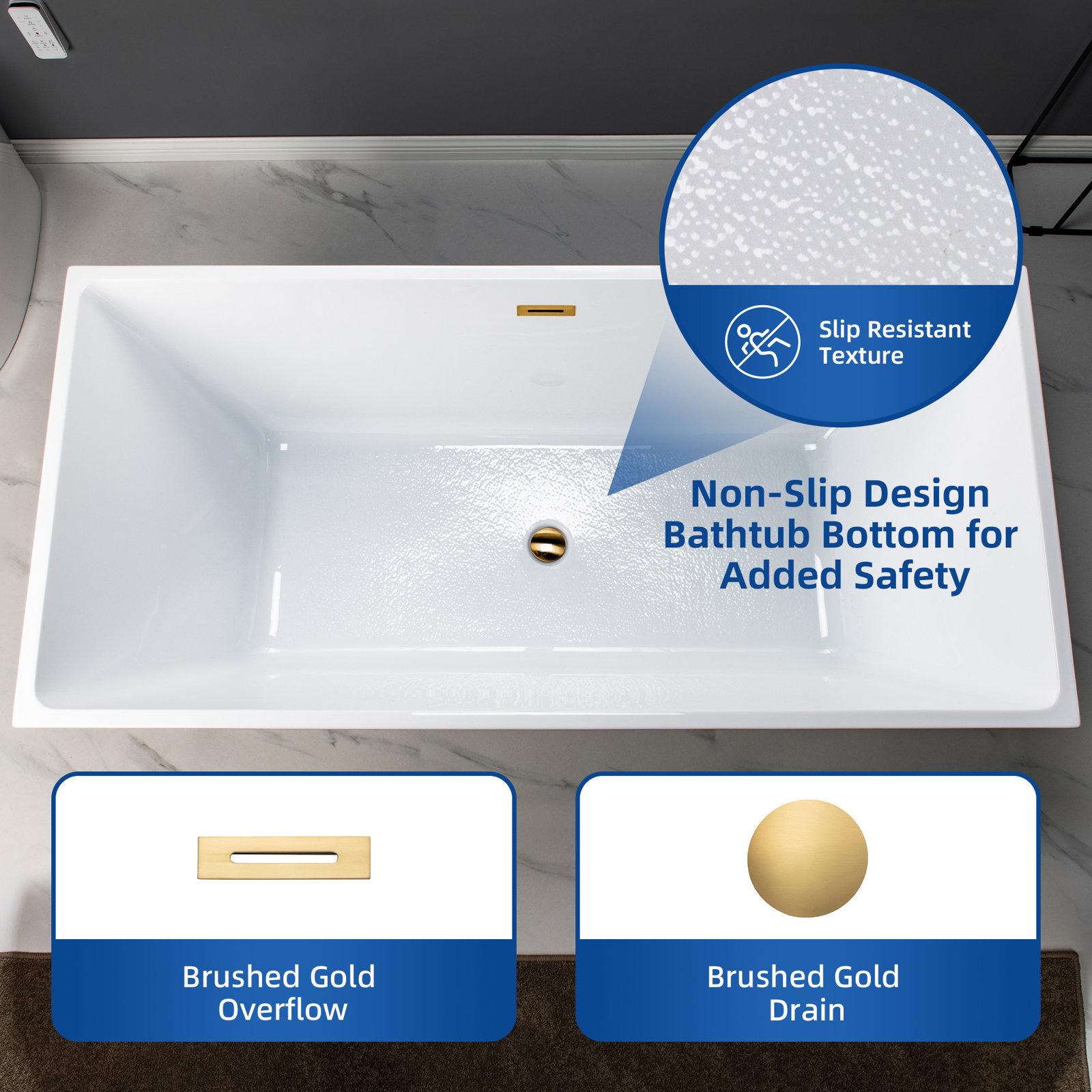 Echo 67" Freestanding Soaking Acrylic Bathtub, White, Brushed Gold