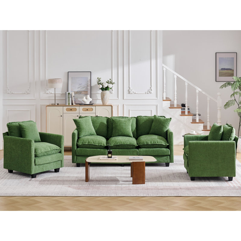 Ensemble de salon 3 pièces avec siège profond Cloud, 3 pièces: 2 chaises, canapé 3 places, Vert foncé
