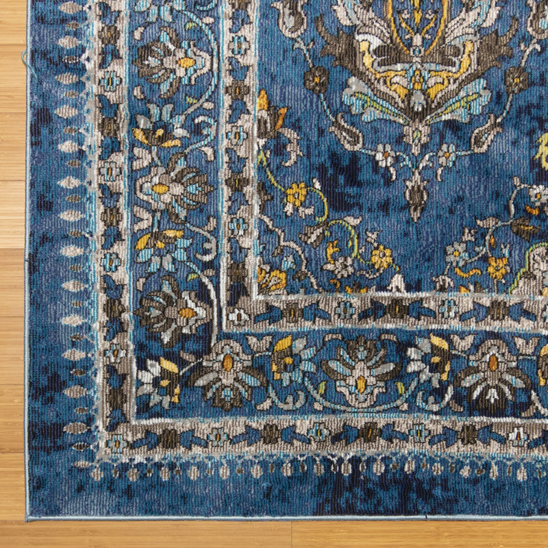 Tapis transitionnel à médaillon bleu / doré Isabella Annet, Rectangle 5 pi 3 po x 7 pi