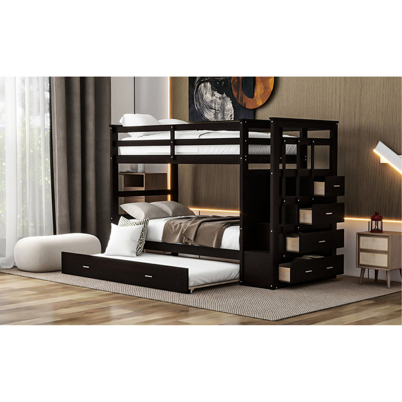 Lit superposé Twintwin avec rangement fonctionnel et structure solide en bois massif pour escalier conçu pour durer, Espresso