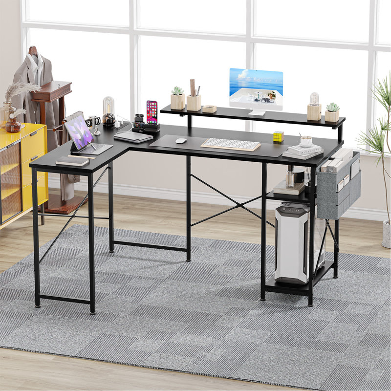 Laberta Modular L-Shaped Iron Computer Desk with Built-In Electrical Outlet