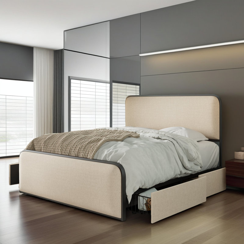Modern Upholstered Bed with 4 Storage Drawers - Beige Linen Headboard, Heavy Duty Metal Frame, 800 lbs Capacity, Queen