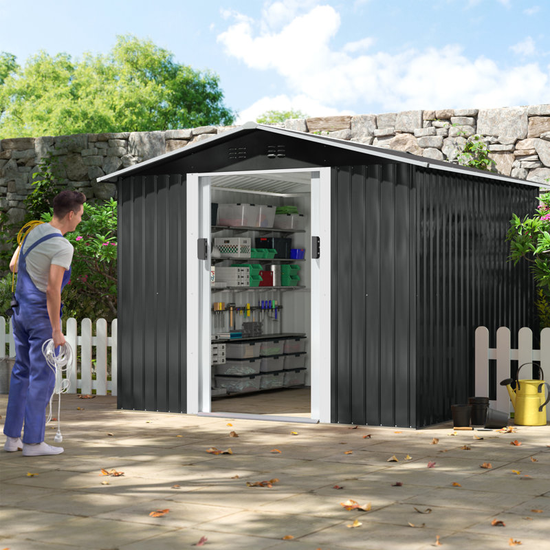 Gray 8' x 8' Metal Outdoor Storage Shed with Lockable Doors