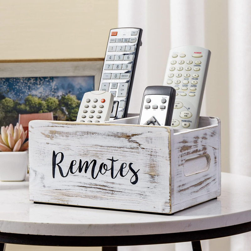 Whitewashed Wood Remote Control Holder Organizer With 4 Compartments, Media Storage Caddy With Cursive REMOTES Design