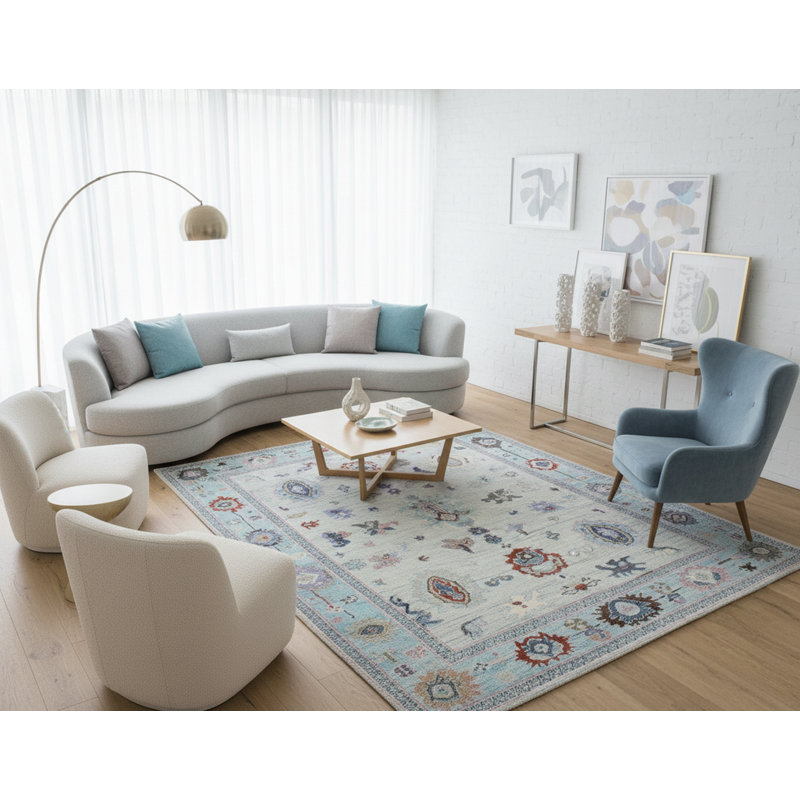 Hand Knotted Light Blue Oushak Wool Rug – Blue Field with Pastel Floral Motifs, Rectangle 8' x 10'