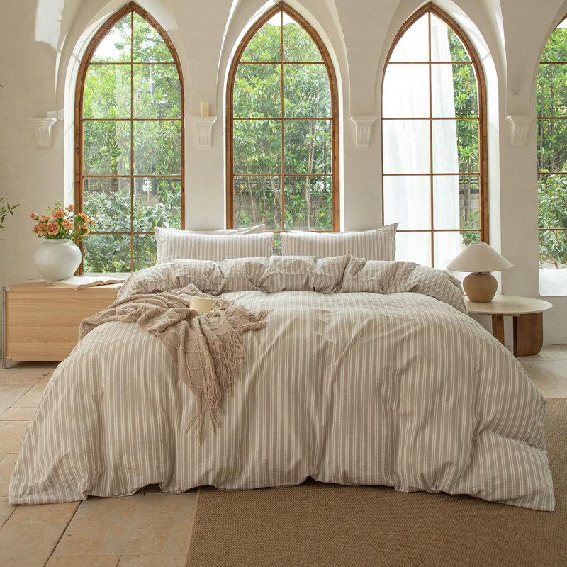 Ensemble de housse de couette rayé 100% coton délavé DONEUS, Beige / Blanc