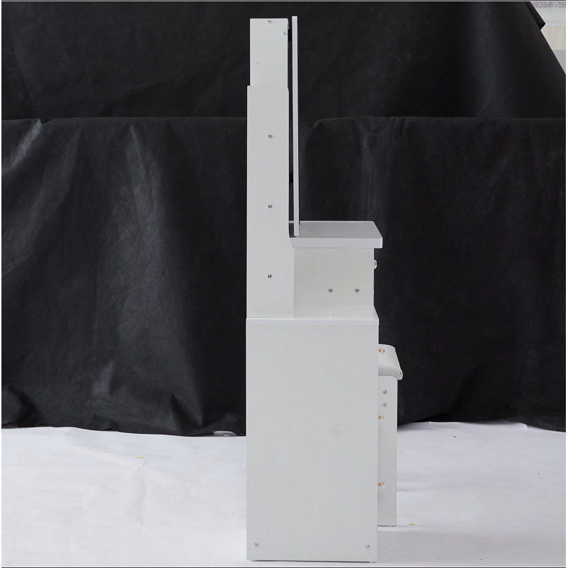 Petite coiffeuse 29,2 po avec tabouret de chevet gauche + tabouret rembourré, très grand miroir coulissant à droite, rangement multi-couches à grande capacité, commode pratique et pratique, convient aux petits espaces