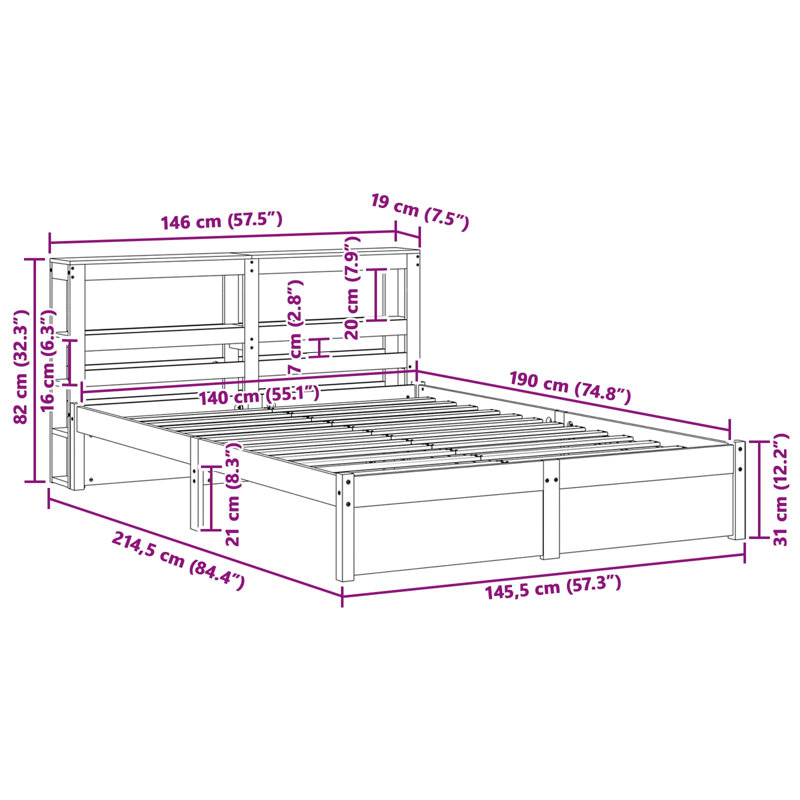 Solid Wood Bed Frame, 140 x 190cm