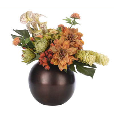 Dahlia Hydrangea, Orange Green, Metal Jar, 18wx14dx19h