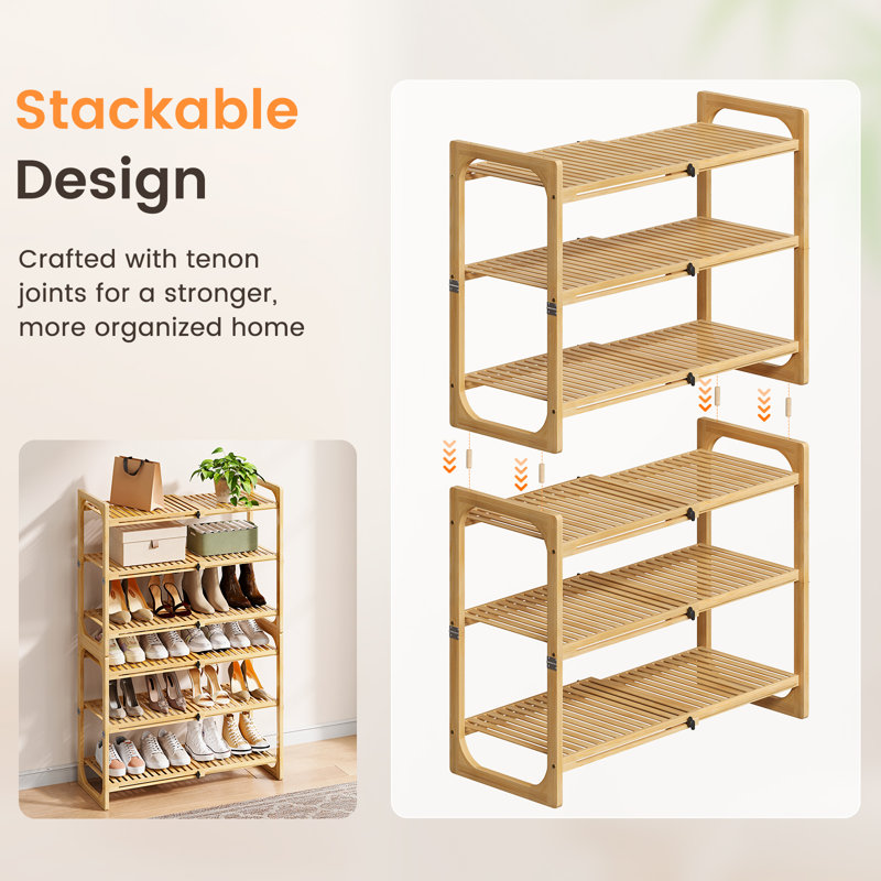 2‑Tier Bamboo Expandable Stackable Shoe Rack, 3-Tier