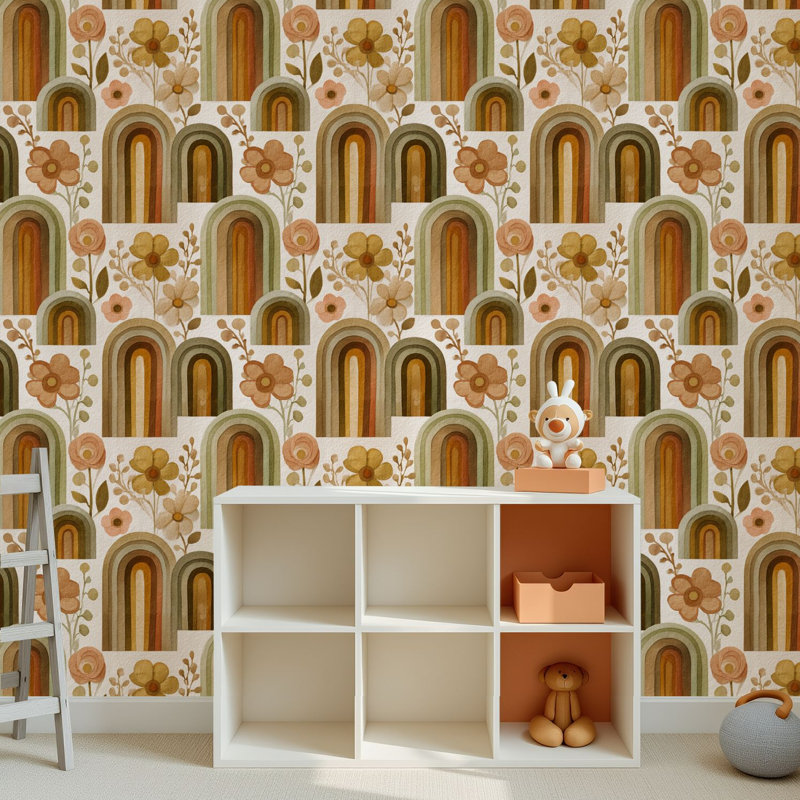 Papier peint adhésif peler et coller en PVC, revêtement mural auto-adhésif amovible avec impression d'aquarelle douce arc-en-ciel botanique, imperméable pour la décoration intérieure - rouleau