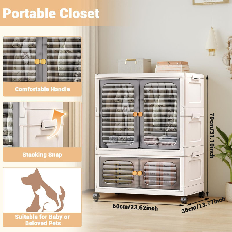 Armoire en plastique pour bacs de rangement pliables avec portes, roues et tringles suspendues