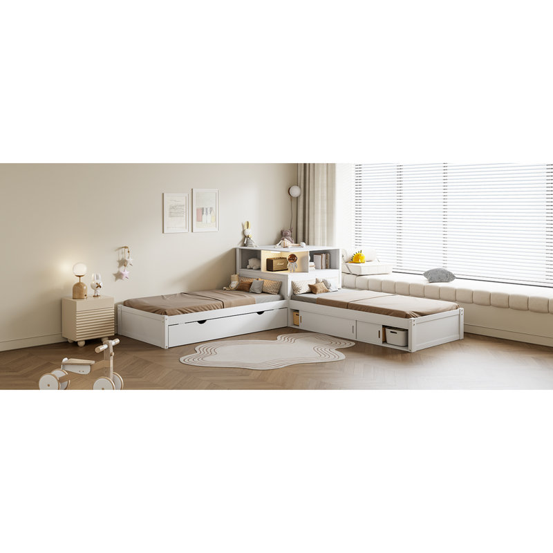 Lit plateforme simple en L avec rangement, bureau, lit gigogne et éclairage à DEL - blanc, conception peu encombrante