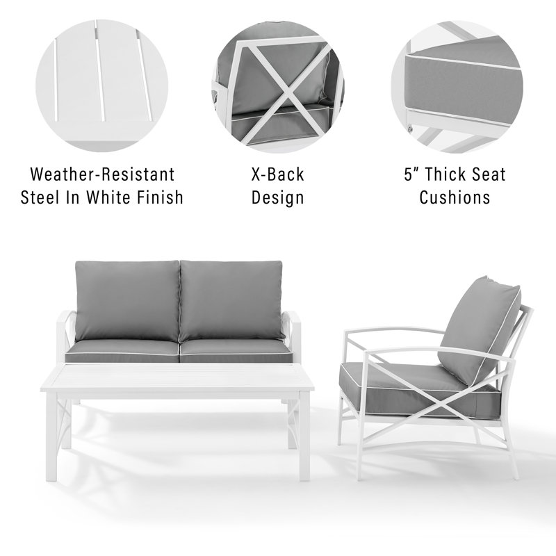 Mosier 3 - Person Patio Conversation Set with Cushions, Gray, White