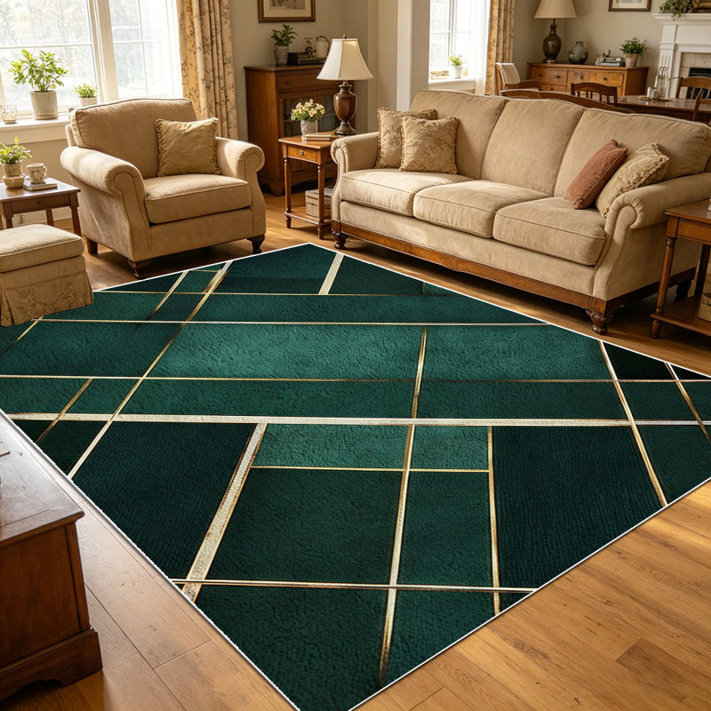 1PC dark emerald green gold geometric rhombus pattern area rugs for Living Room, Soft and Comfortable, Suitable for all seasons, easy-to-maintain, machine washable Indoor floor mat, Under Table Farmhouse suitable for entryway, bedroom, dining room,