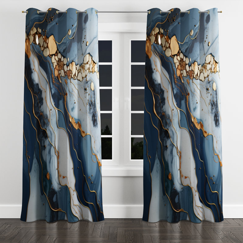 Rovel Gold And Blue Geode Art II - Liquid ink Grommet Curtain - Velvet Room Darkening - 1 panel, 52" W x 63" L