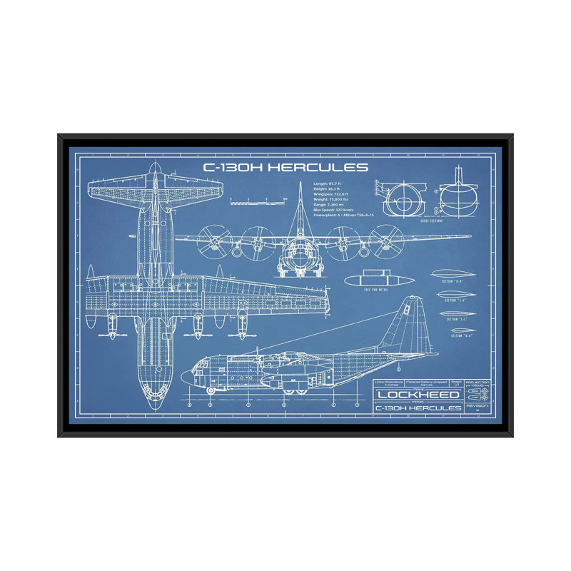 Blueprint d’avion C-130 Hercules-impression de dessin, Pas de tapis, H 18 po x l 26 po x P 1,5 po, Toile avec cadre noir