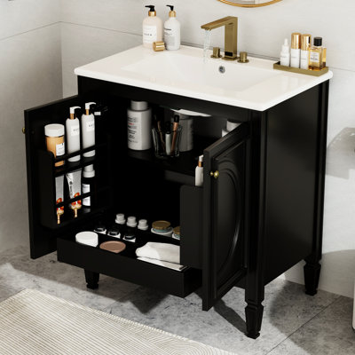Meuble-lavabo de 30 po avec lavabo en céramique, aspect d'armoire rétro. Peinture noire, bois véritable et tablette ajustable à l'intérieur du meuble-lavabo, structure à fermeture en douceur. Structure, lavabo pour