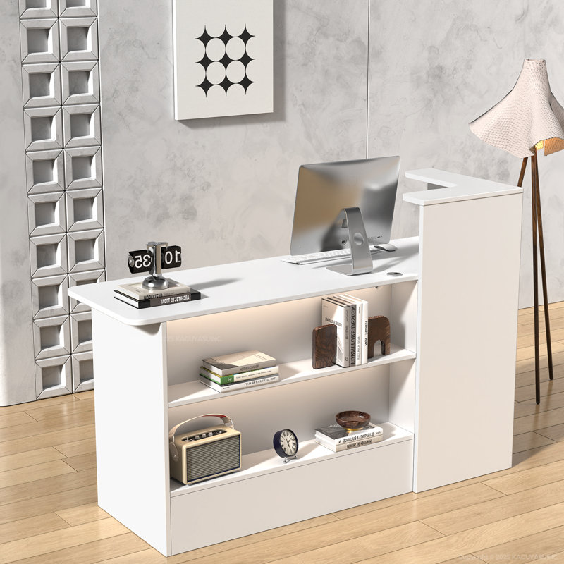 Bureau de réception moderne avec tablettes ouvertes et rangement en coin, Naturel / Blanc