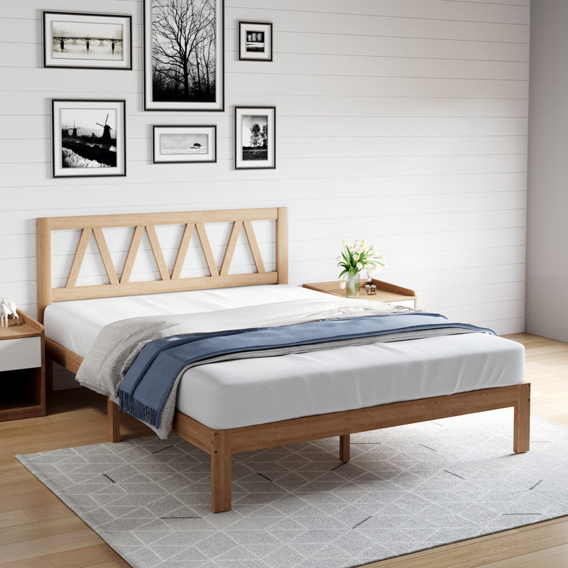 Base de lit en bois massif avec tête de lit, Double, Naturel