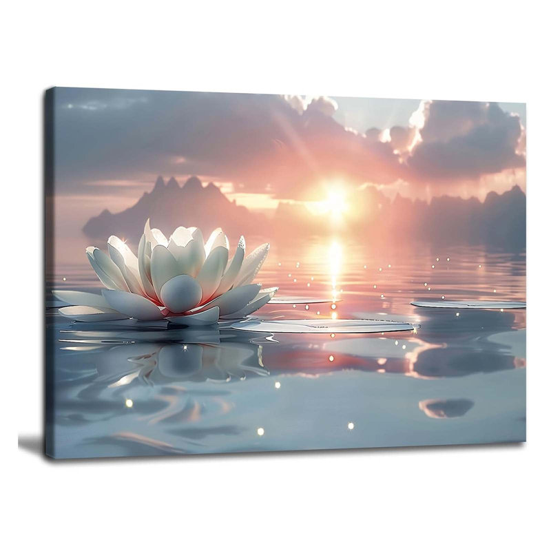 Zen White Lotus Wall Art Sunrise Meditation Canvas Wall Decor Spa Yoga Still Life Painting Prints Relaxing Spiritual Just Breathe Aesthetic Posters Pictures Modern Spiritual Inspiration Framed 12x16 inch