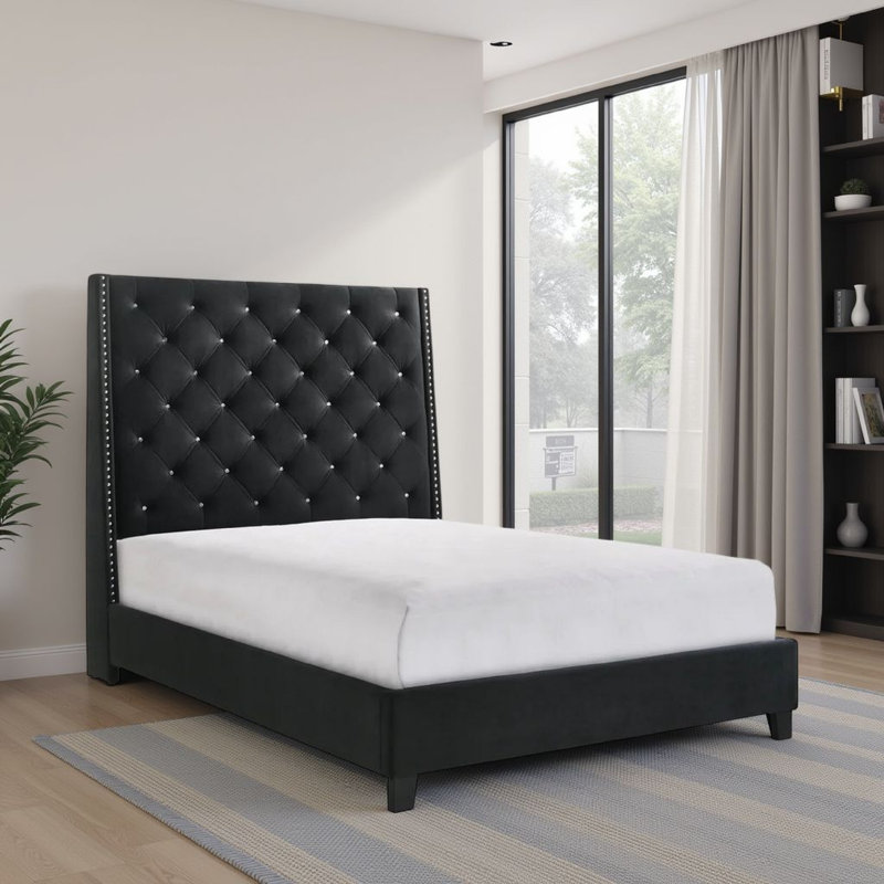 Maze Bed, Button Tufted, Nailhead Trim, Fabric Upholstery, Black, Queen