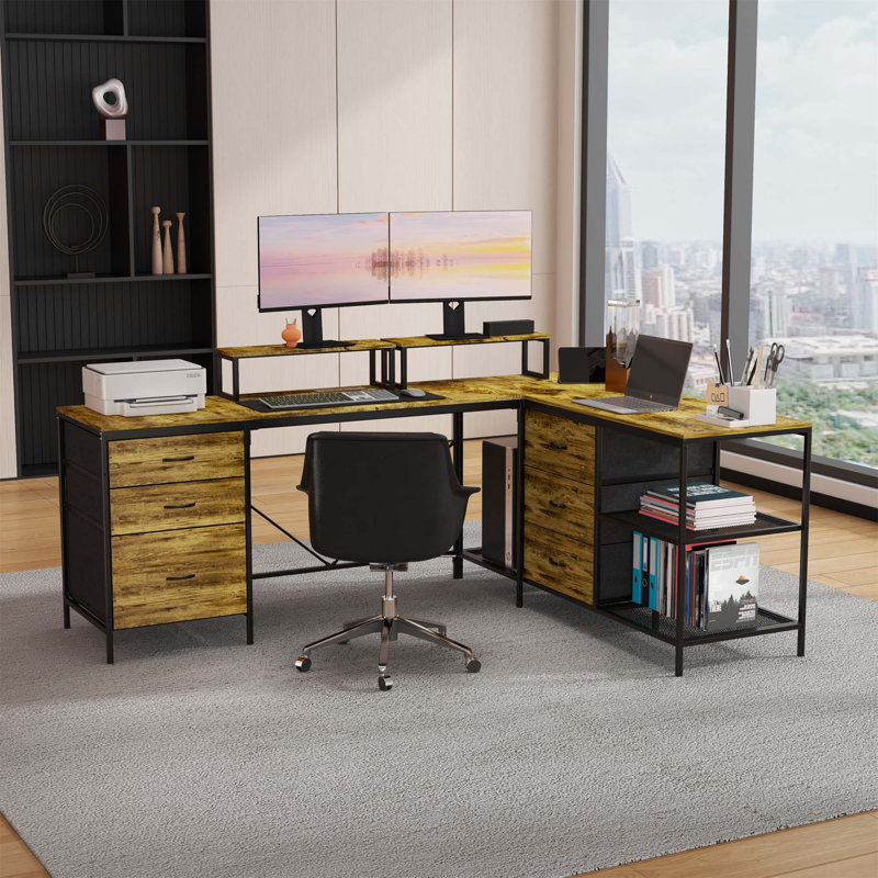 114 Inch L-Shaped Industrial Computer Desk With Power Outlets, USB-C, 6 Fabric Drawers, 3 Open Shelves, And Movable Monitor Stands For Enhanced Productivity