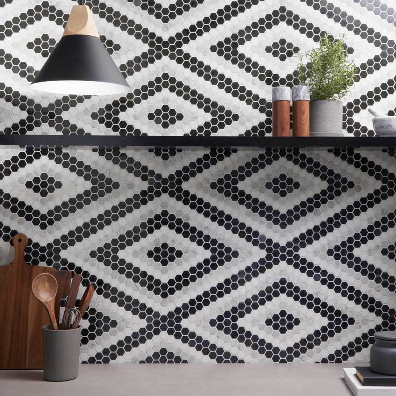 Juno 1" Diamond Hexagon Polished Marble Mosaic, Black/White