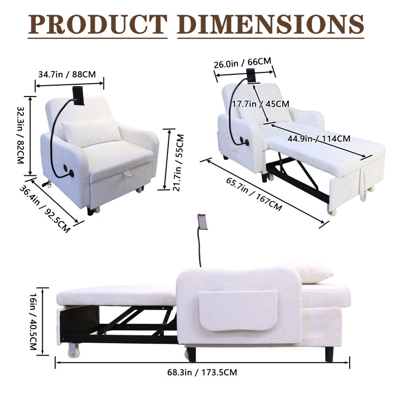 Siège souple 34 W à 180 ° avec charge USB et support pour téléphone, petite chaise de chambre à coucher, fauteuil d'appoint beige