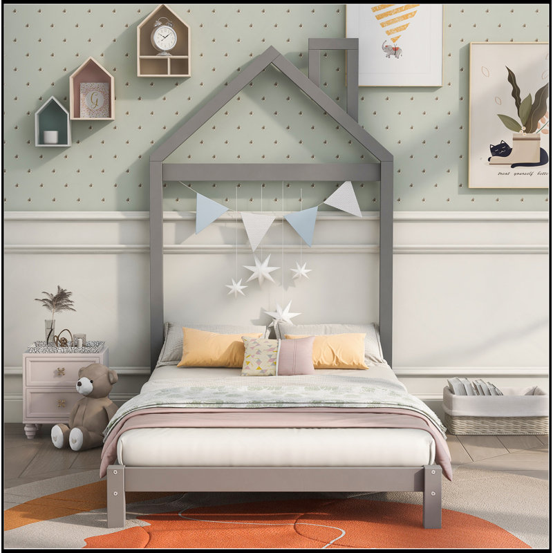 Lit plateforme en bois avec tête de lit en forme de maison, Gris, Lit simple