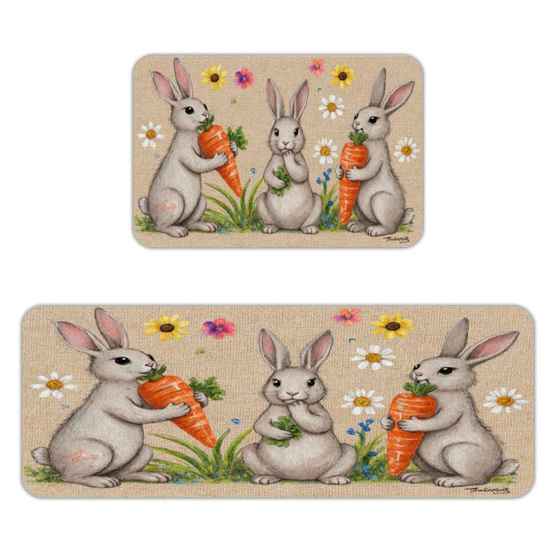 Ensemble de 2 lapins blancs avec carottes, tapis de cuisine, Lapins blancs avec carottes