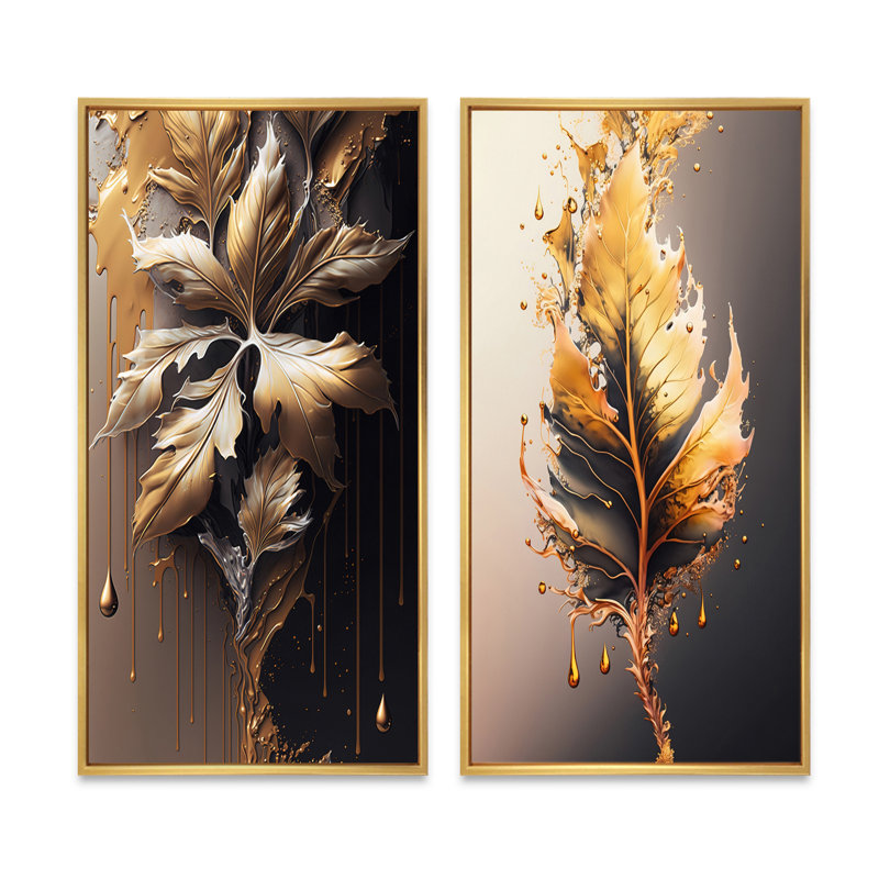 «Gold Abstract Leaves», 2 pièces sur toile, Encadrement doré, H 32 po x l 32 po