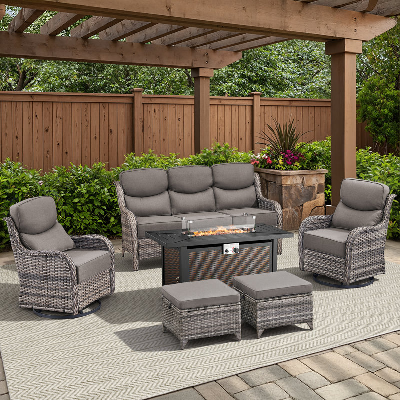 6-Piece Outdoor Wicker Sofa Conversation Set With Swivel Rockers And Fire Pit, Gray, Gray