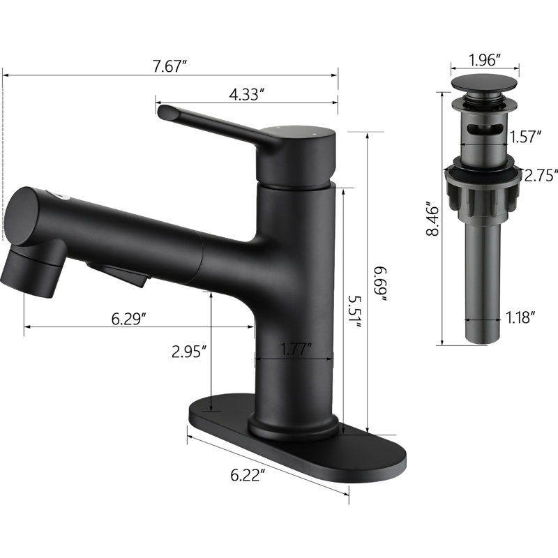 Single Handle Matte Black Bathroom Faucet With Pull-Out Spray Function And Overflow Drain, Trendsetting Style Basin Deck Plate, Black, Sleek Look
