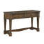 Console rectangulaire marron de style traditionnel avec 2 tiroirs à glissières à roulement et finition antique, 127 cm de longueur, style classique à placer derrière un meuble d'appoint.