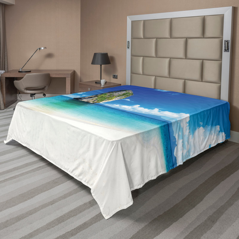 Ambesonne Scenery Top Flat Sheet Exotic Coastline Blue White Cream, Full Flat Sheet