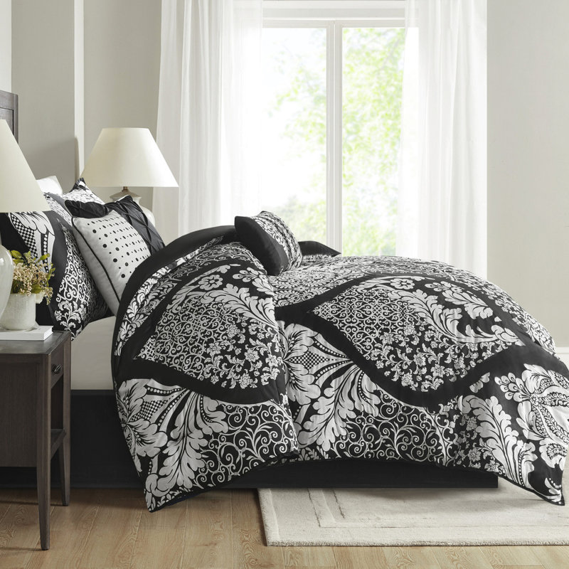 7 Piece Cotton Comforter - Black King With Pillow Covers Contrasted Design, King Comforter + 6 Additional Pieces, Black