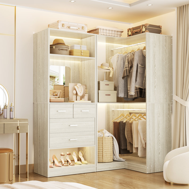 Freestanding Closet Organizer System with Drawers and Mirror, White Oak