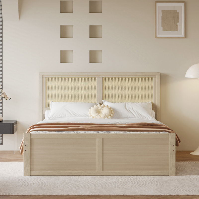 Lit plateforme avec rangement en bois avec 4 tiroirs, Naturel antique, Lit double