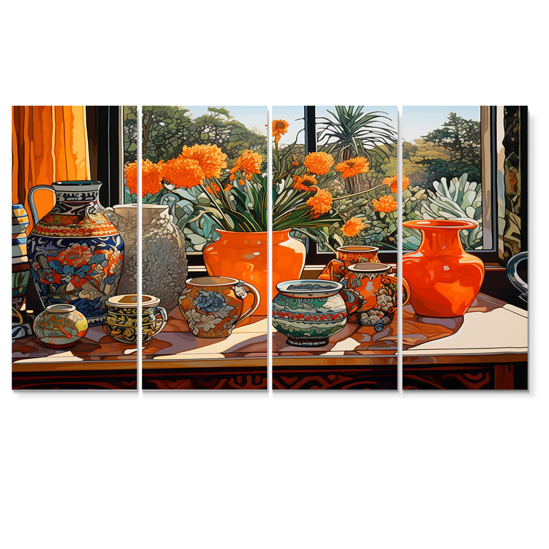 «Orange Flowers», art floral mural orange avec fenêtre 4 pièces, H 28 po x l 48 po