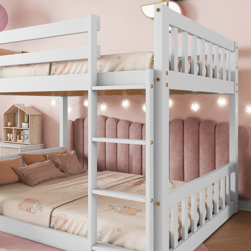 Floor Bunk Bed, Playhouse Floor Bunk Bed With Climbing Ramp, Ladder, Safety Guardrails, White